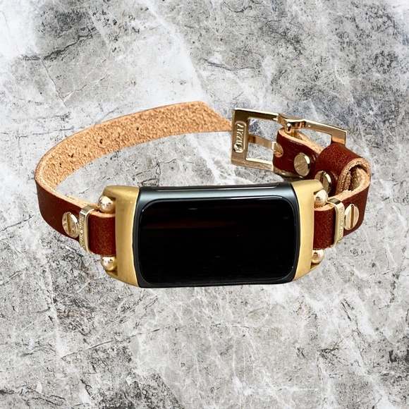 Brown Grain Leather Slim Strap Gold Fitbit Charge 5 Band Women Jewelry Bracelet - Picture 5 of 8